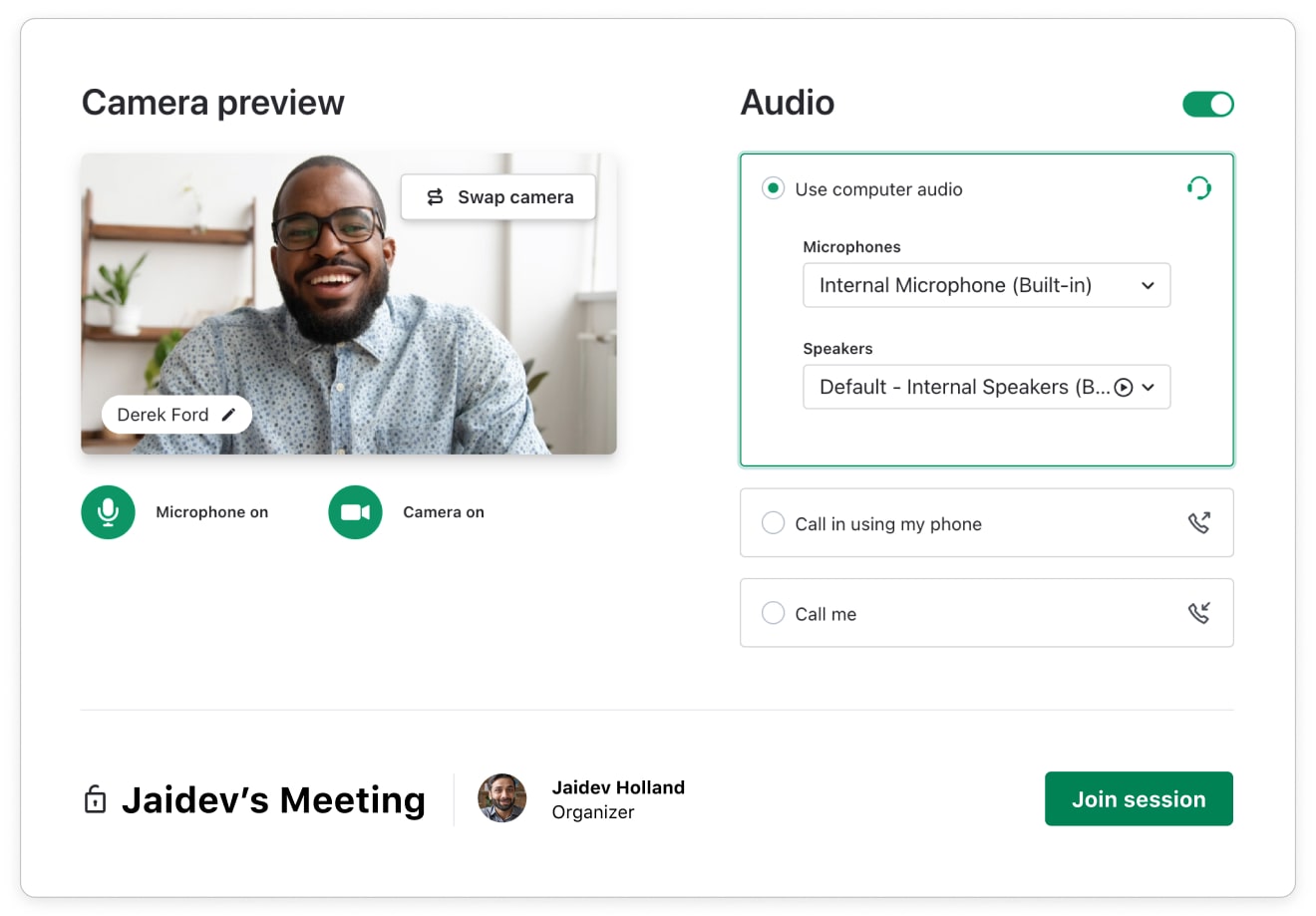 Screenshot of video call settings for audio and the video preview.
