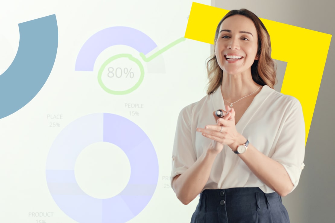 An employee happily sharing insights from integrated GoTo Connect call data and CRM information to improve customer service.