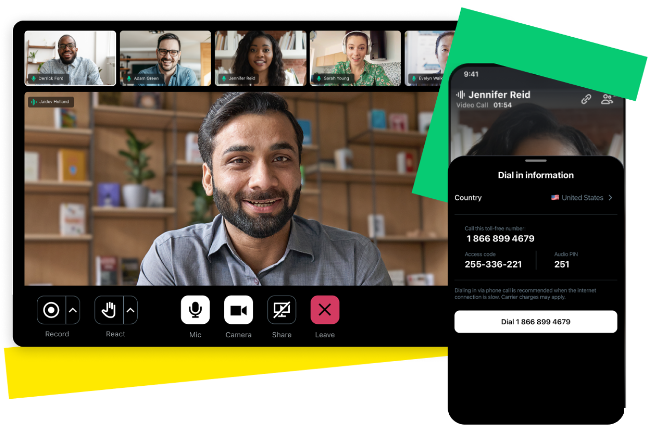Screen showing a video conference call on desktop and mobile phone, with options to dial in from your country of choice