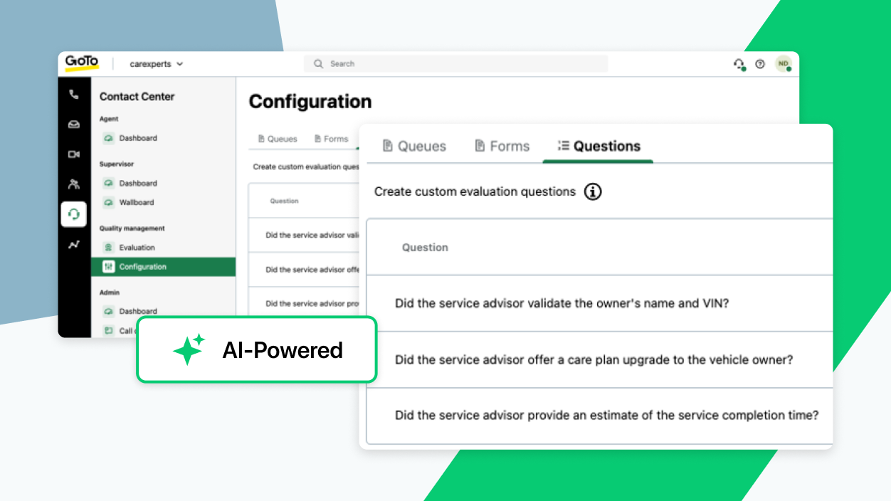  Configuration page with customizable evaluation questions and AI-powered scoring settings for quality management.