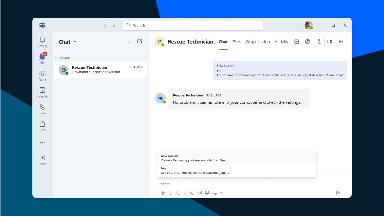 Screen showing a LogMeIn Rescue support session launched directly on Microsoft Teams.