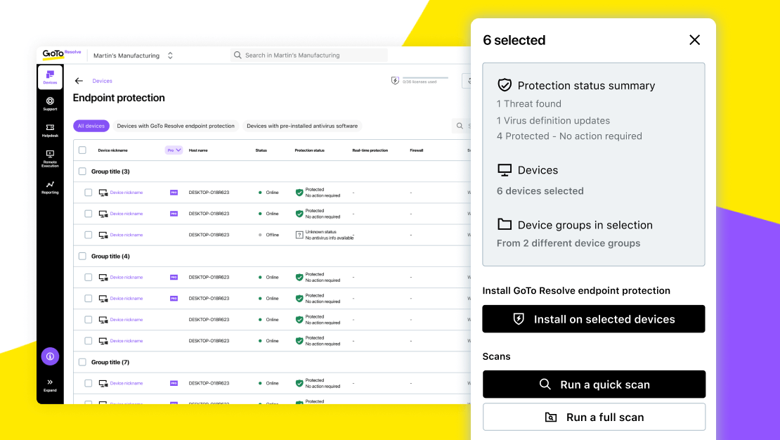 Viewing Endpoint Protection and protection status summary in GoTo Resolve, with options to run a quick scan or full scan