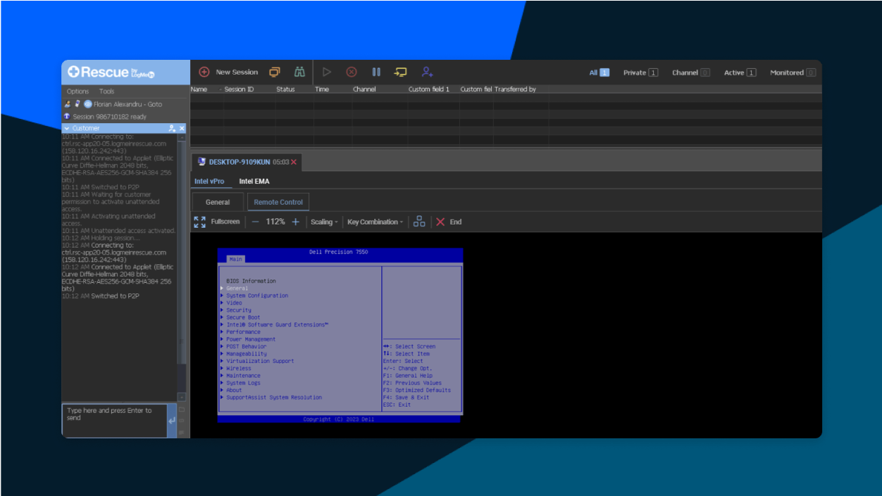 Screen showing an agent remotely control an out-of-band Intel vPro device using LogMeIn Rescue.