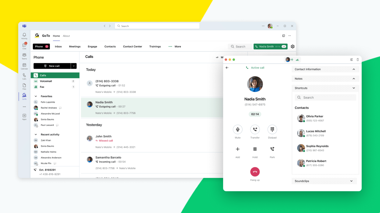 Screens showing GoTo Connect features within Microsoft Teams.