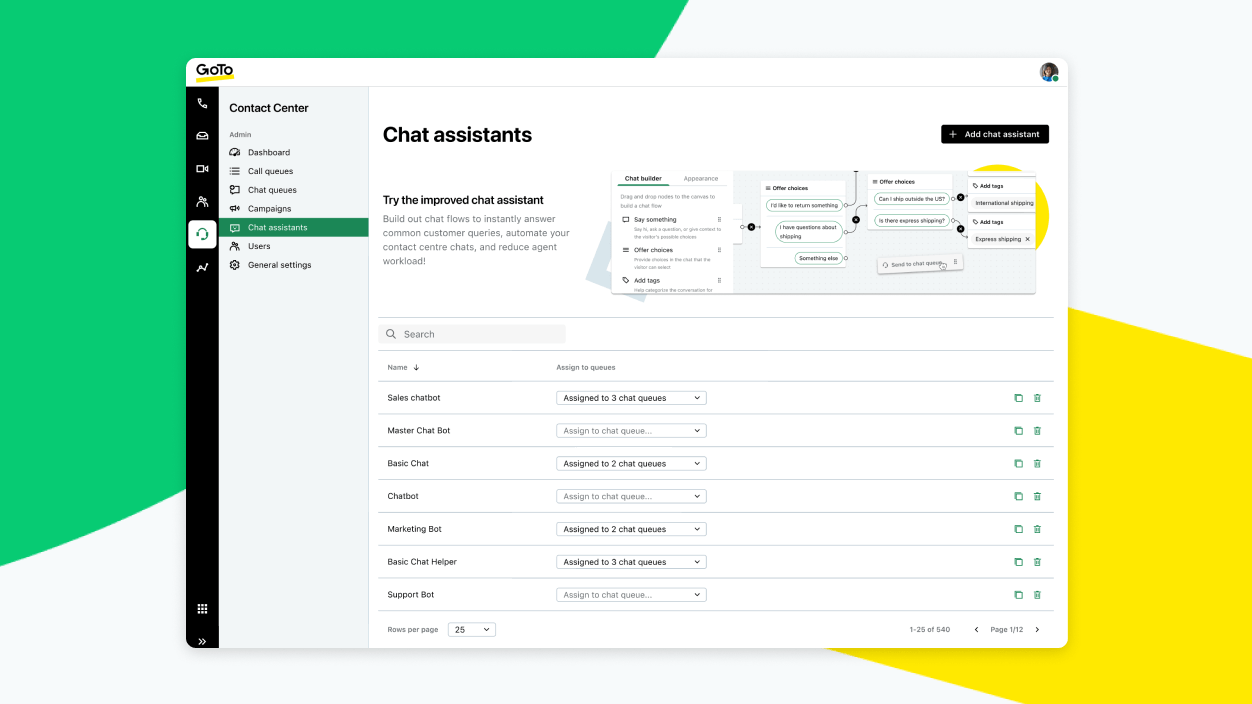 Screen showing the set up of chat assistant conversational flows on GoTo Contact Center.