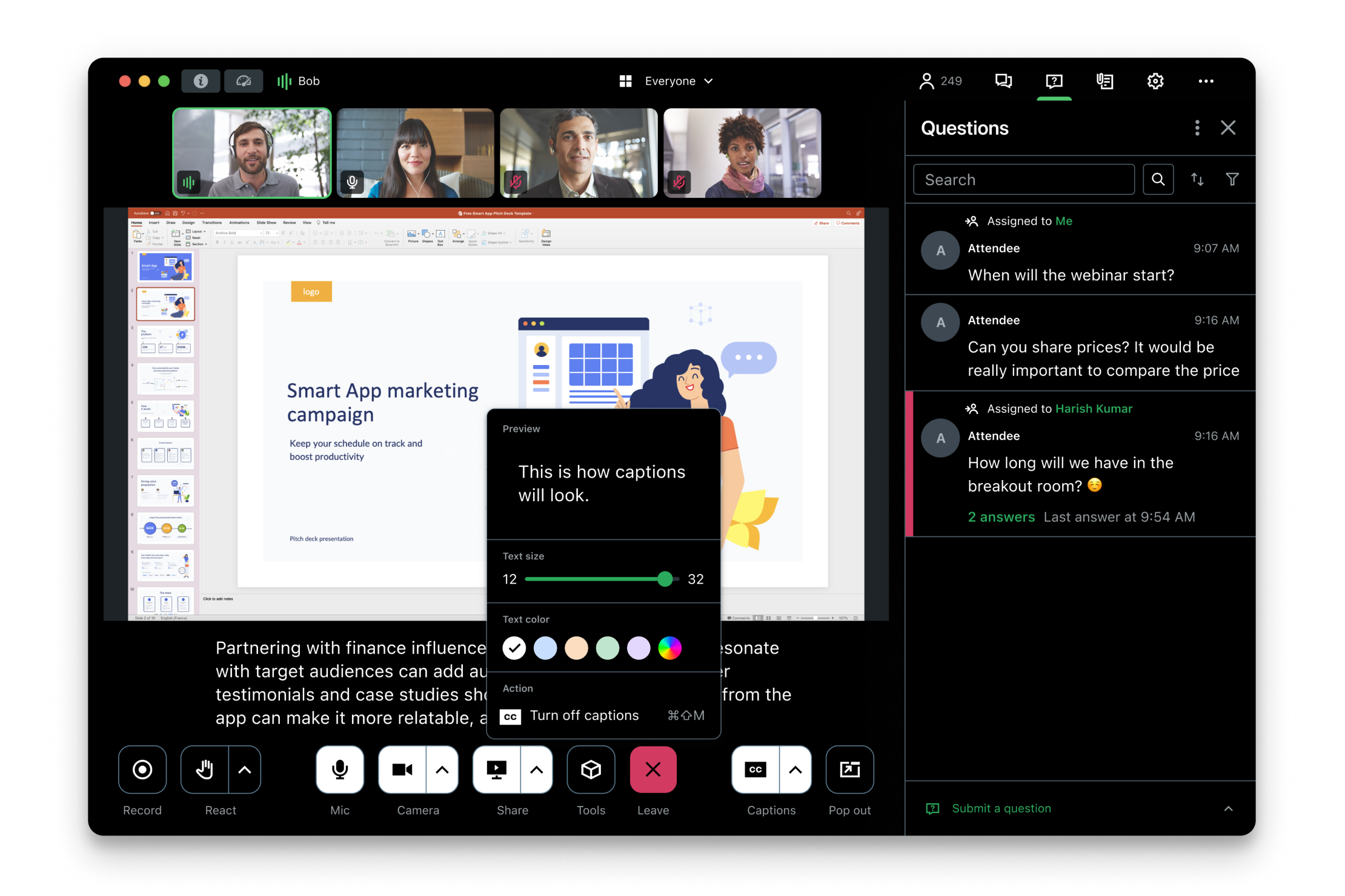GoTo Webinar interface including participant video thumbnails, live chat questions, and interactive reactions. Content