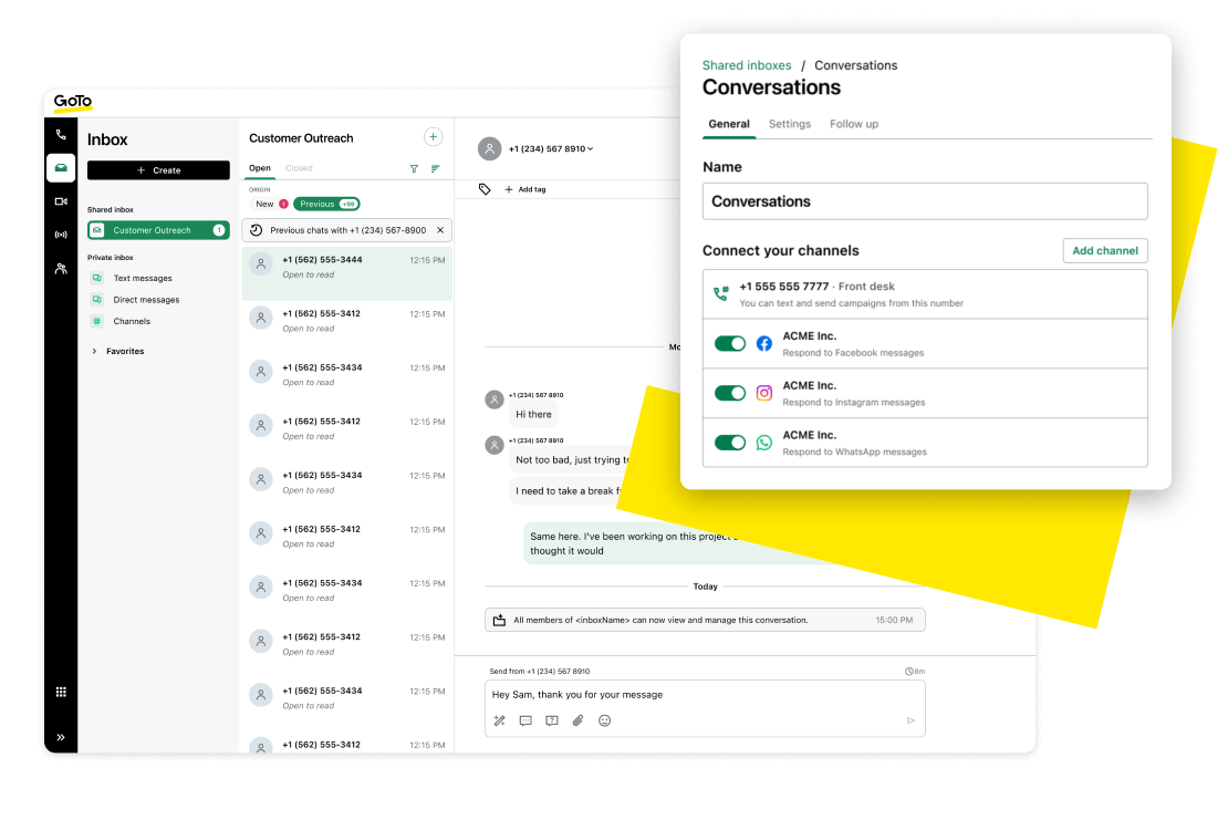 Chat interface showing conversation between educator and student, integrated with communication channels such as WhatsApp, social, and VoIP phone call.